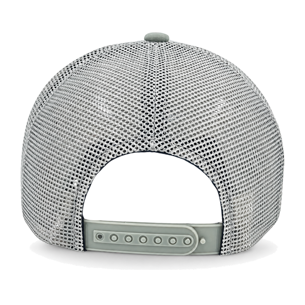 The back view of a sage green classic mesh baseball cap with a matching sage plastic snapback closure and button on a white background.