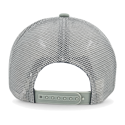 The back view of a sage green classic mesh baseball cap with a matching sage plastic snapback closure and button on a white background.