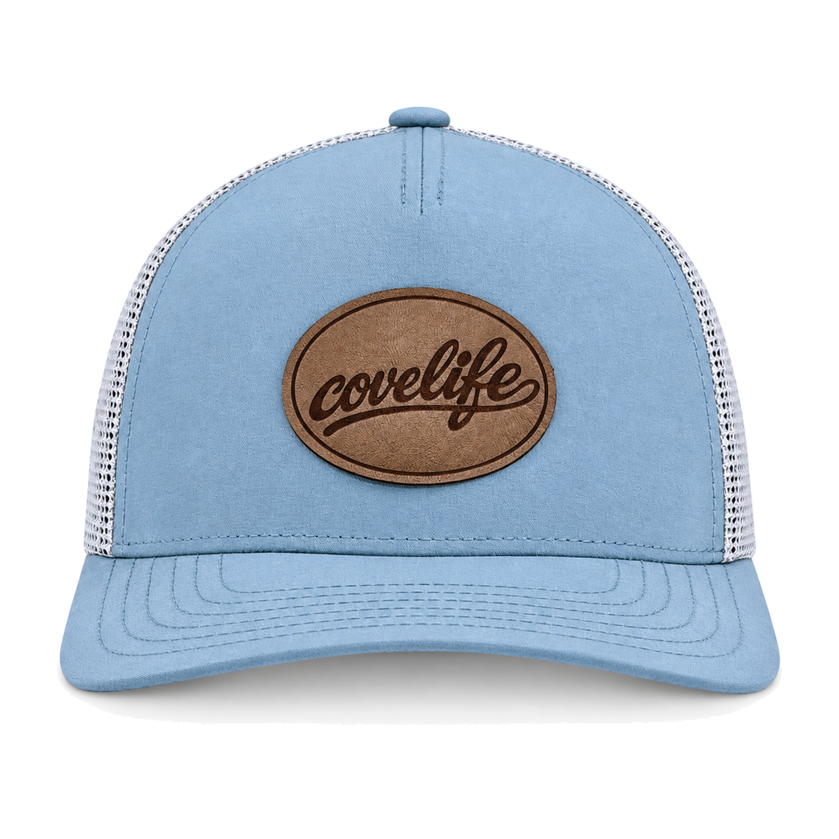 A sky blue CLASSIC MESH  hat with a curved brim, featuring a light green front panel, a darker green mesh back, and a brown oval patch on the front with the brand name 'covelife' in script.