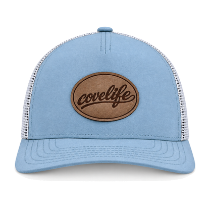 A sky blue CLASSIC MESH  hat with a curved brim, featuring a light green front panel, a darker green mesh back, and a brown oval patch on the front with the brand name 'covelife' in script.
