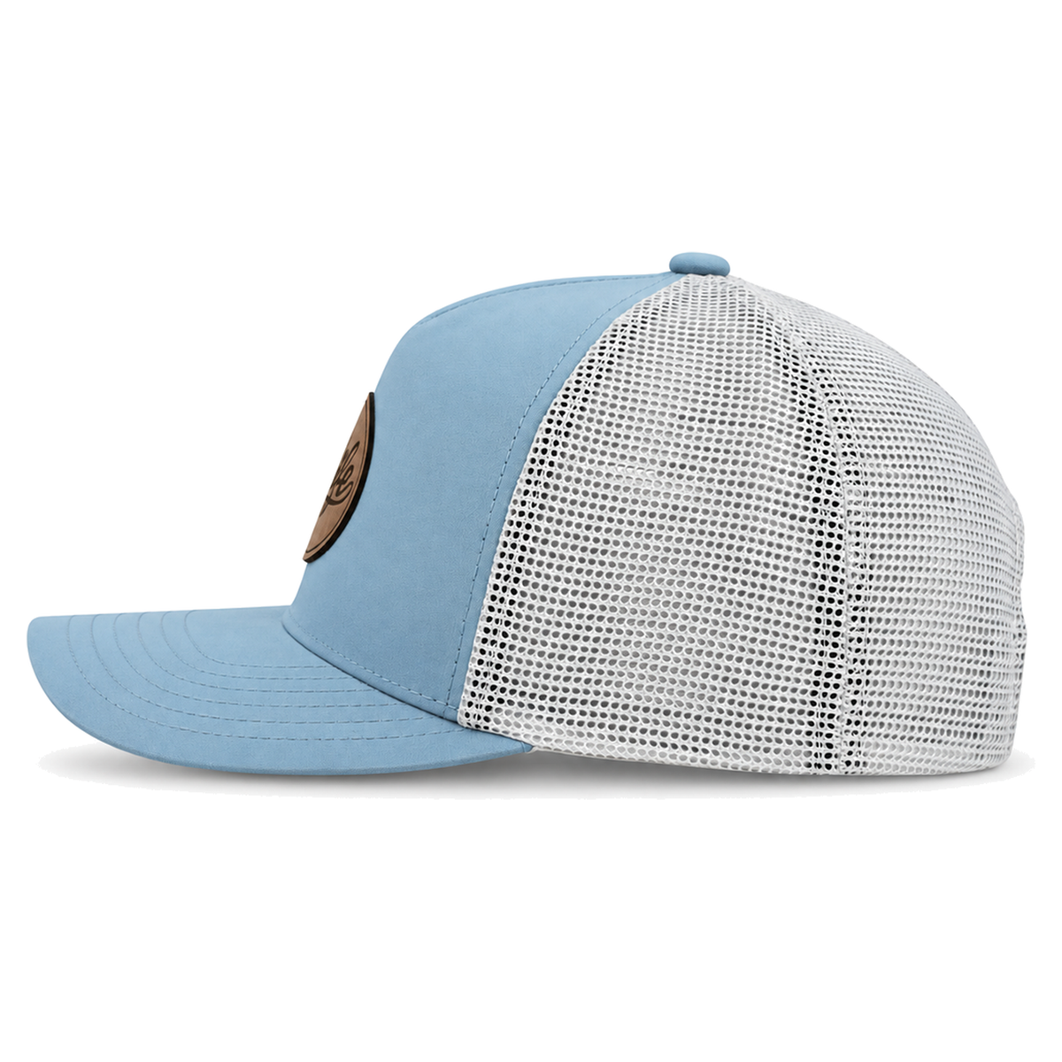 A sky blue CLASSIC MESH  hat with a curved brim, featuring a sky blue front panel, a cream colored mesh back, and a brown oval patch on the front with the brand name 'covelife' in script.