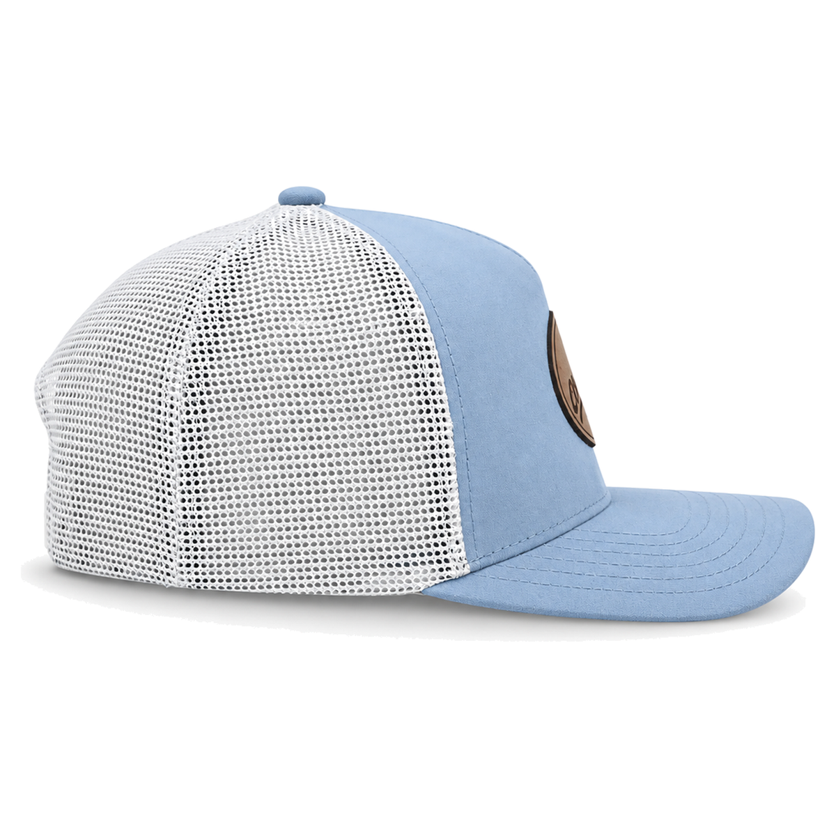 A sky blue CLASSIC MESH  hat with a curved brim, featuring a sky blue front panel, a cream colored mesh back, and a brown oval patch on the front with the brand name 'covelife' in script.