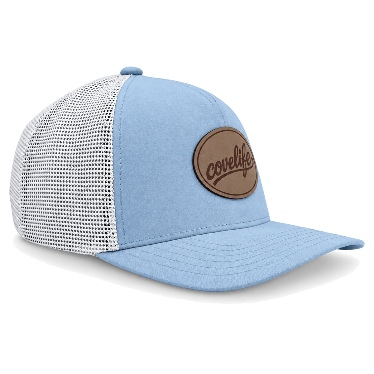 A sky blue CLASSIC MESH  hat with a curved brim, featuring a sky blue front panel, a cream colored mesh back, and a brown oval patch on the front with the brand name 'covelife' in script.