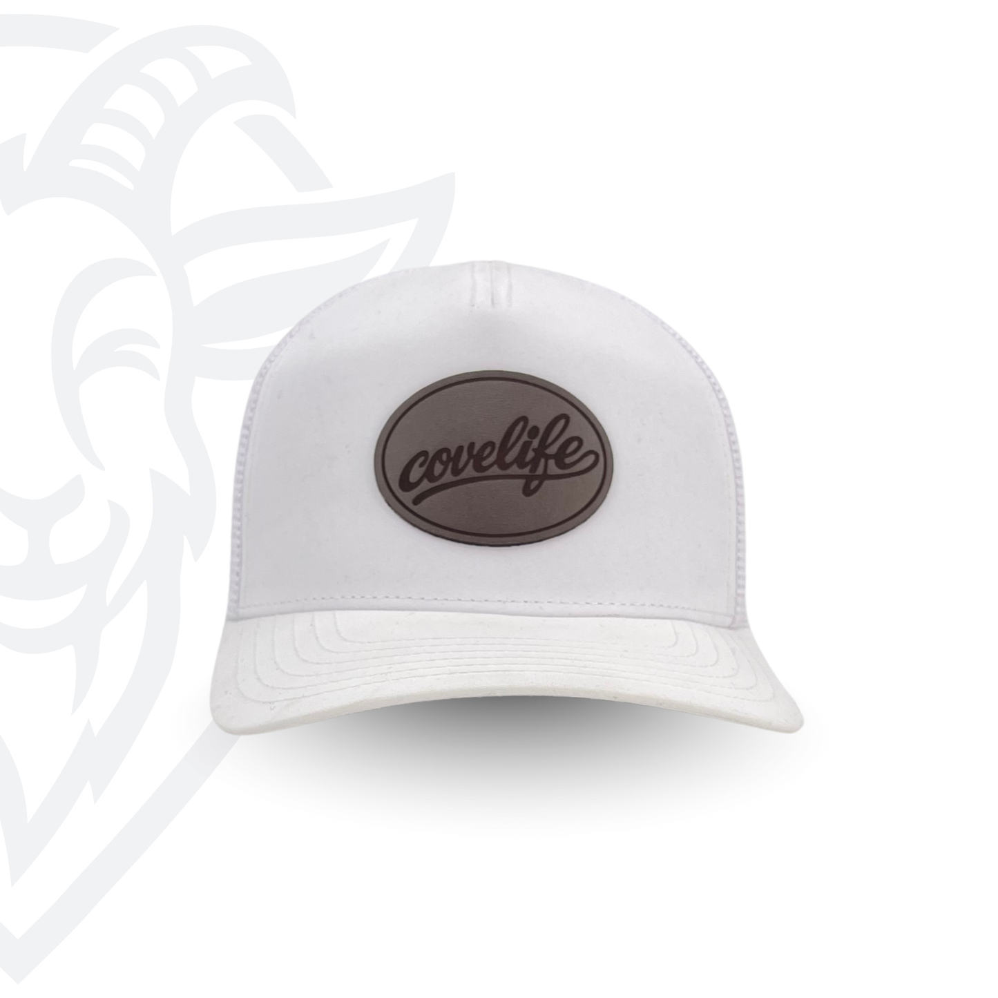 COVELiFE DRiFTFiT Mesh Trucker White - front view with Midnight leather patch