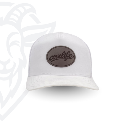 COVELiFE DRiFTFiT Mesh Trucker White - front view with Midnight leather patch