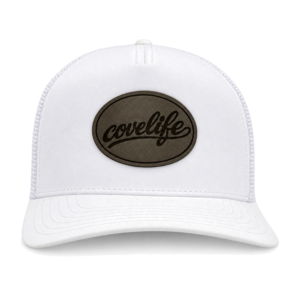 A white CLASSIC MESH  hat with a curved brim, featuring a white front panel, a white mesh back, and a brown oval patch on the front with the brand name 'covelife' in script.