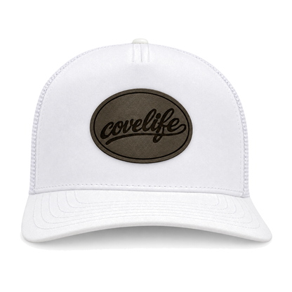 A white CLASSIC MESH  hat with a curved brim, featuring a white front panel, a white mesh back, and a brown oval patch on the front with the brand name 'covelife' in script.