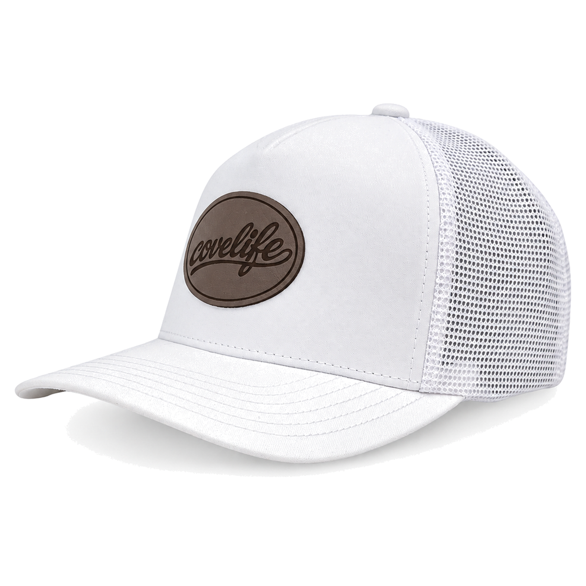 A white CLASSIC MESH  hat with a curved brim, featuring a white front panel, a white mesh back, and a brown oval patch on the front with the brand name 'covelife' in script.