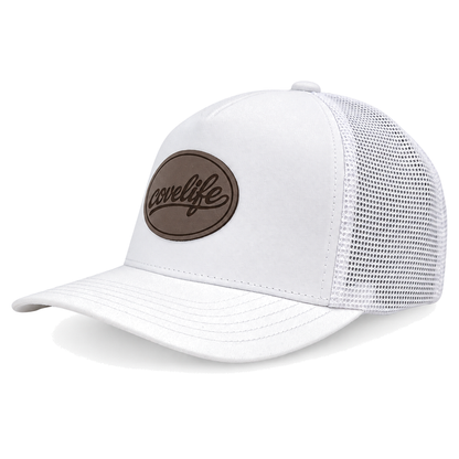 A white CLASSIC MESH  hat with a curved brim, featuring a white front panel, a white mesh back, and a brown oval patch on the front with the brand name 'covelife' in script.