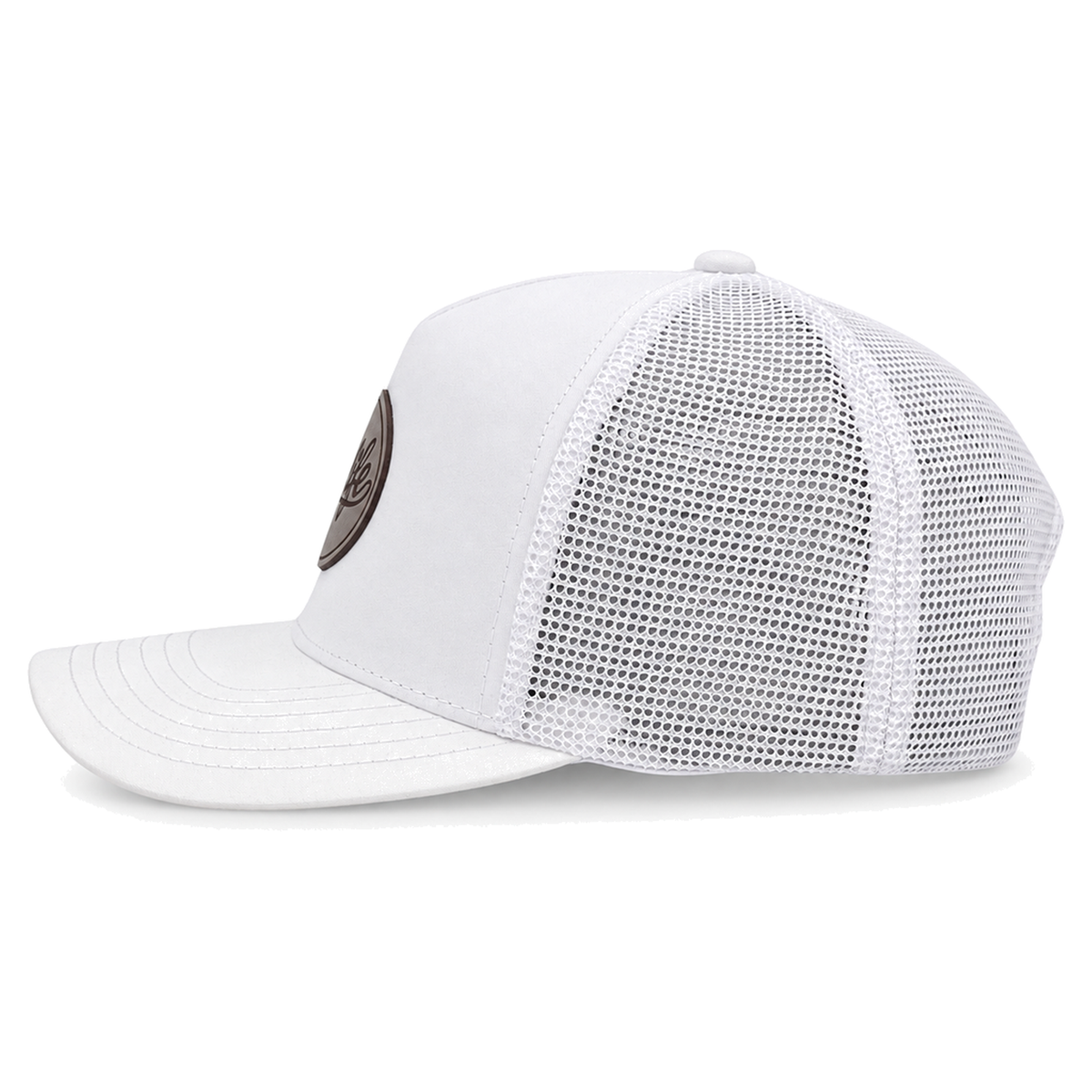 A white CLASSIC MESH  hat with a curved brim, featuring a white front panel, a white mesh back, and a brown oval patch on the front with the brand name 'covelife' in script.