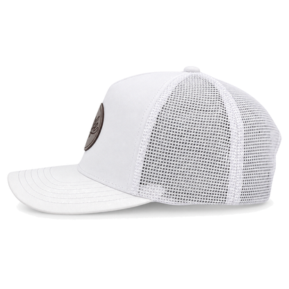 A white CLASSIC MESH  hat with a curved brim, featuring a white front panel, a white mesh back, and a brown oval patch on the front with the brand name 'covelife' in script.