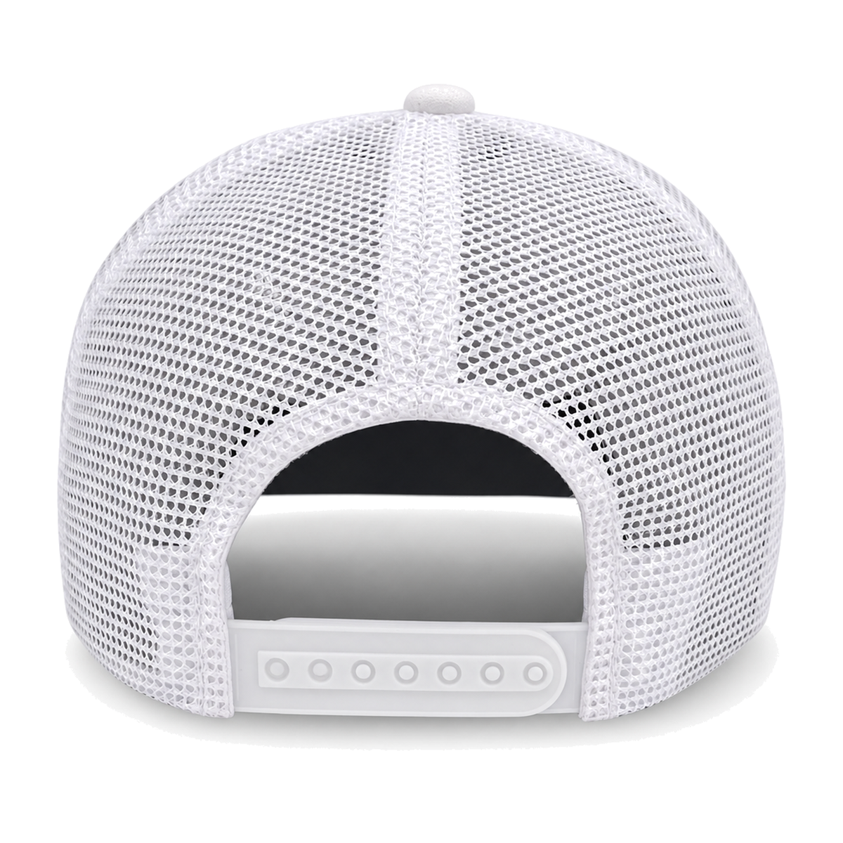 White classic mesh cap shown from the back, featuring a white mesh back, a white snapback closure, and a white button on top.