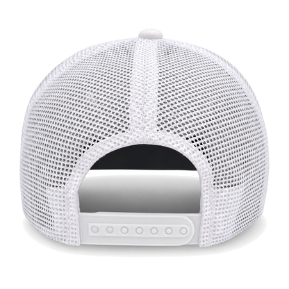 White classic mesh cap shown from the back, featuring a white mesh back, a white snapback closure, and a white button on top.