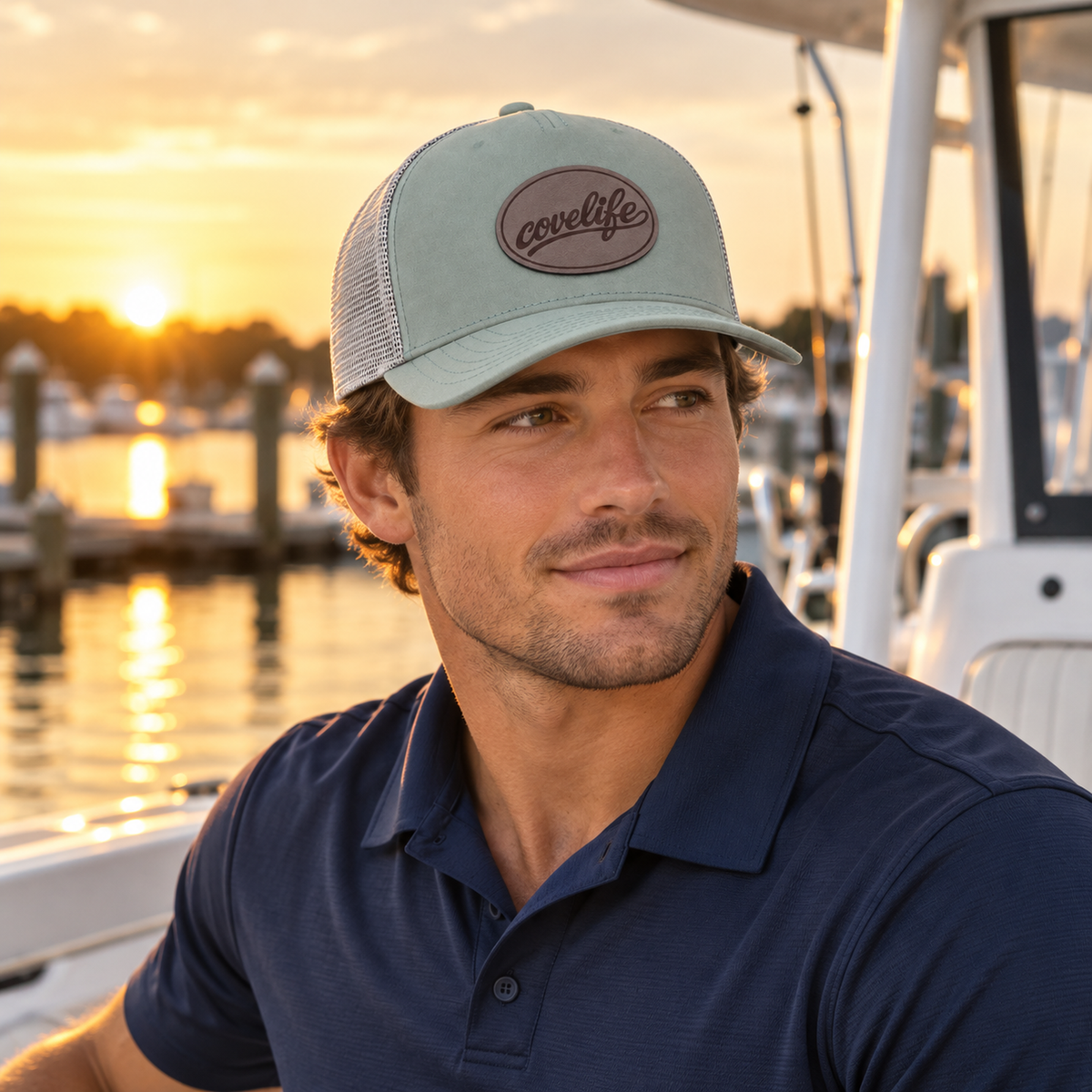 A man wearing a sage green covetlife classic mesh, posing on a boat during a warm sunset over the water.