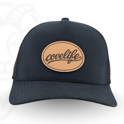 COVELiFE DRiFTFiT Mesh Trucker Black - front view with Heritage leather patch