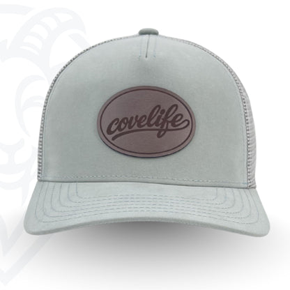 COVELiFE DRiFTFiT Mesh Trucker Sage - front view with Midnight leather patch