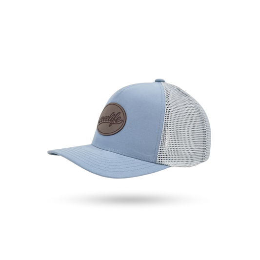 COVELiFE DRiFTFiT Mesh Trucker Sky Blue -3/4 anglet view with Midnight leather patch