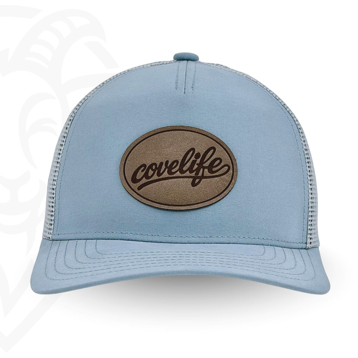 COVELiFE DRiFTFiT Mesh Trucker Sky Blue - front view with Midnight leather patch
