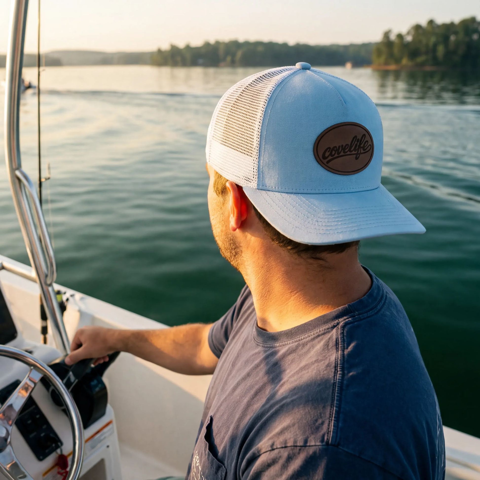 COVELiFE DRiFTFiT Mesh Trucker Sky Blue - lifestyle, boating at golden hour
