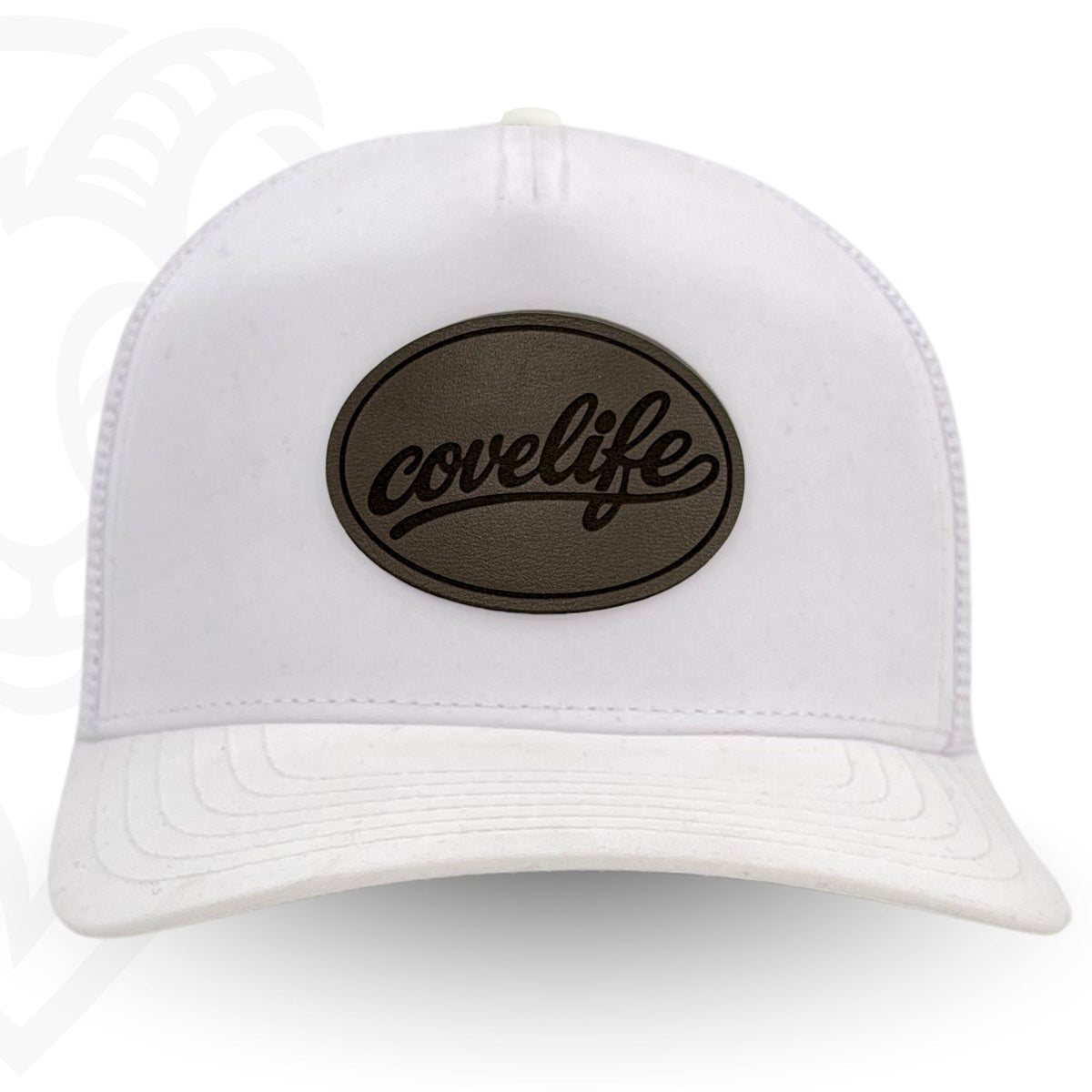COVELiFE DRiFTFiT Mesh Trucker White - front view with Midnight leather patch