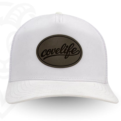 COVELiFE DRiFTFiT Mesh Trucker White - front view with Midnight leather patch