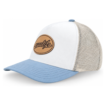 COVELiFE UltraLight Heritage leather patch in sky blue & white.