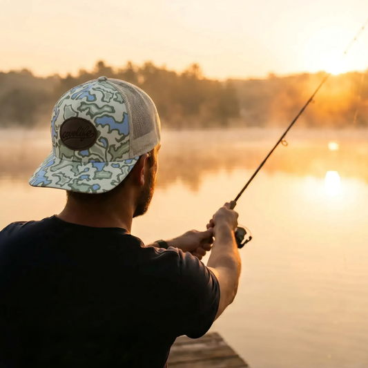 COVELiFE DRiFTFiT TOPOFLAGE Series Lake Camo - lifestyle, fishing at golden hour