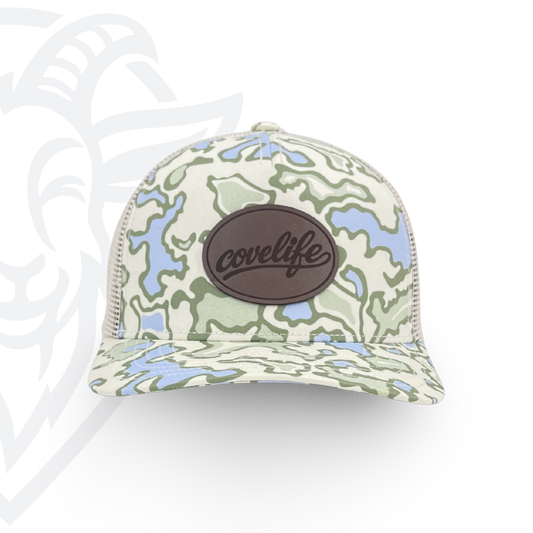 COVELiFE DRiFTFiT TOPOFLAGE Series Lake Camo - front view with Midnight leather patch