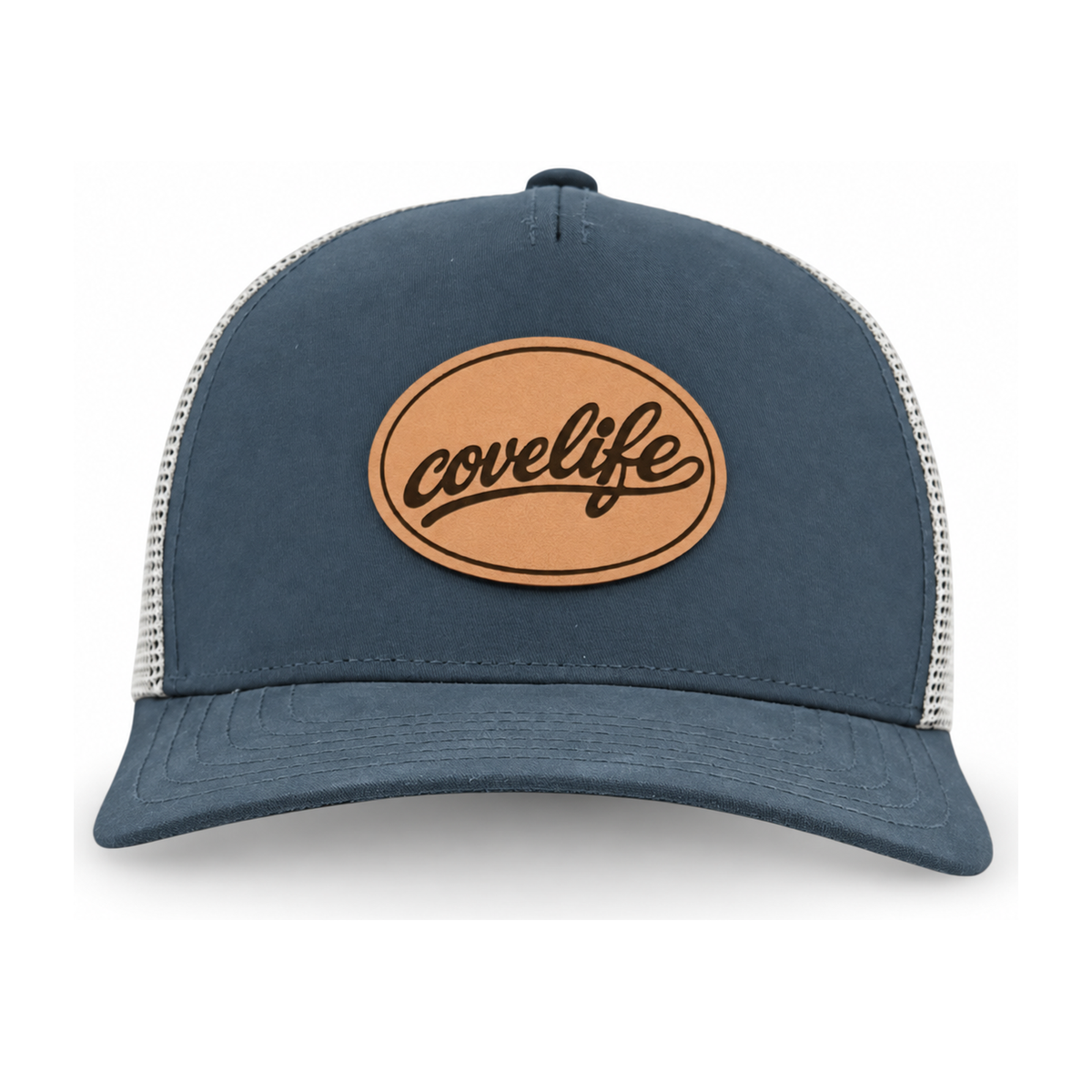 Navy Classic Mesh with Heritage leather patch with  covelifе'script set against a plain white background.
