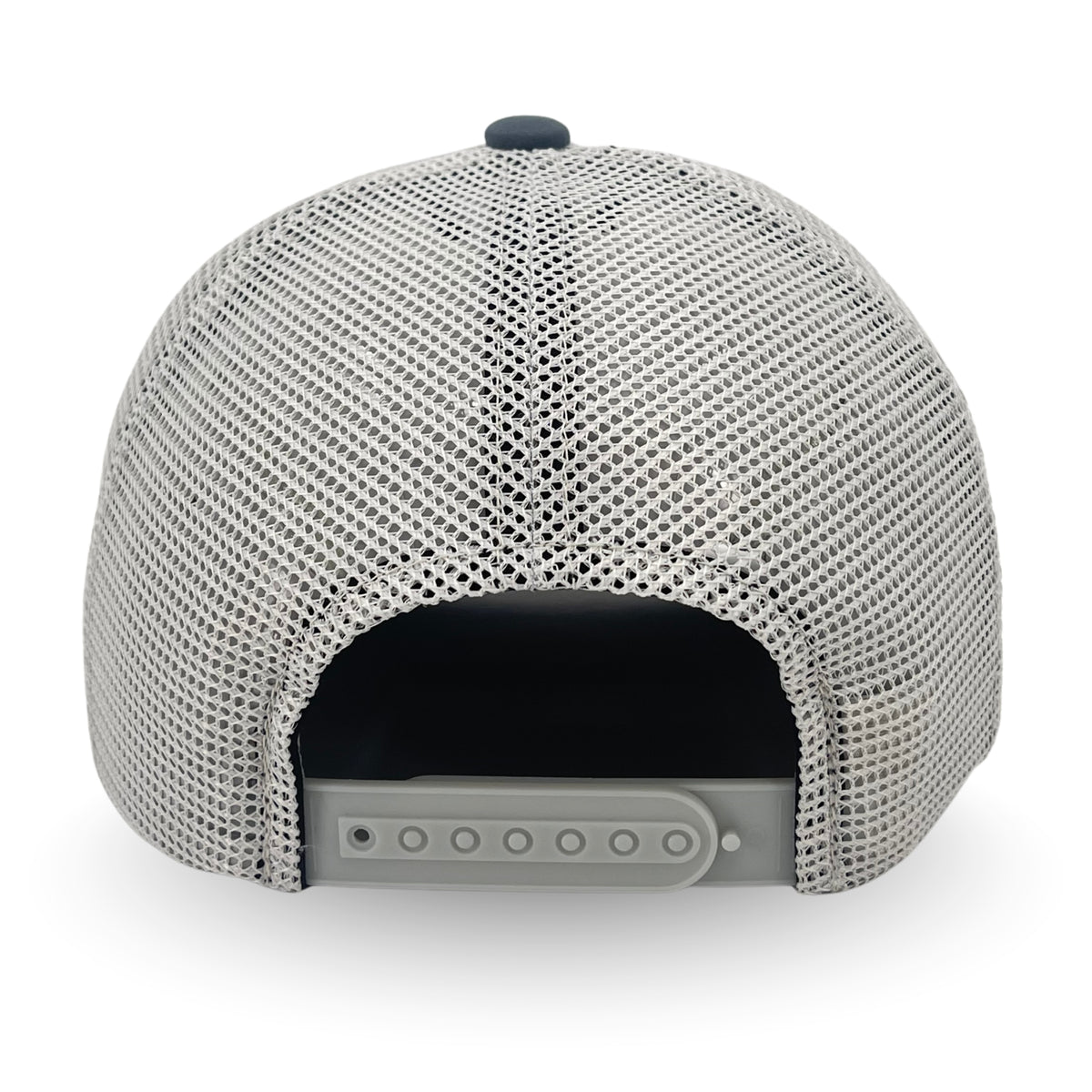 The back view of a light gray mesh snapback cap with a dark gray adjustable strap and a dark gray button on top, shown on a white background.
