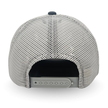 The back view of a light gray mesh snapback cap with a dark gray adjustable strap and a dark gray button on top, shown on a white background.