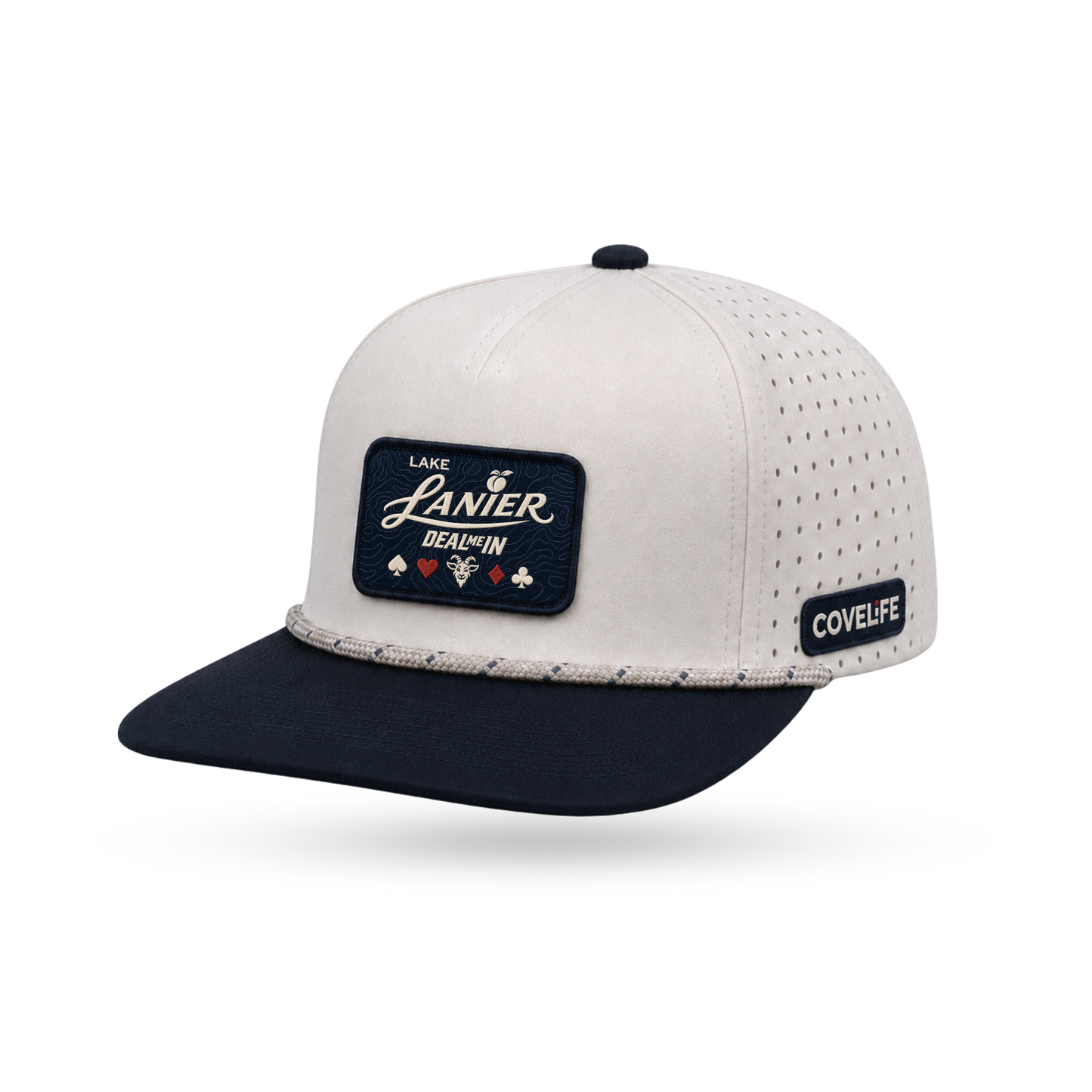 A premium structured baseball cap with a light cream crown, perforated side panels, and a dark navy flat brim. The front features a dark navy rectangular patch with white script reading LAKE LANIER DEAL ME IN", and the side displays a small black patch with 'COVELiFE' in white.