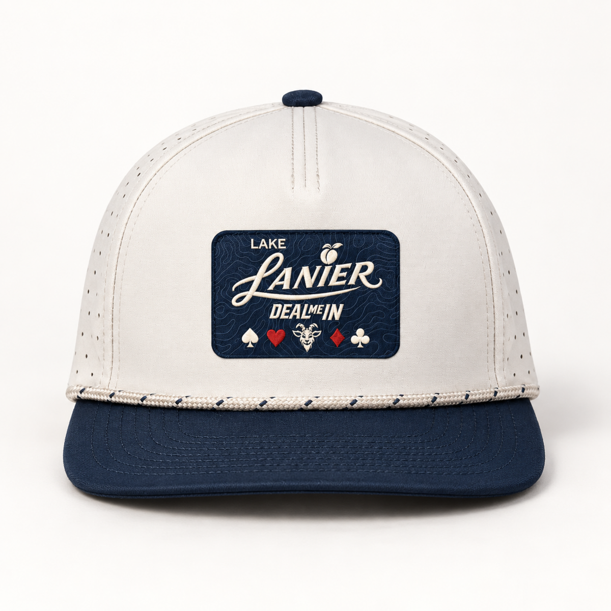 Cream and navy COVELiFE DEAL ME IN Lake Lanier performance rope cap, front view.