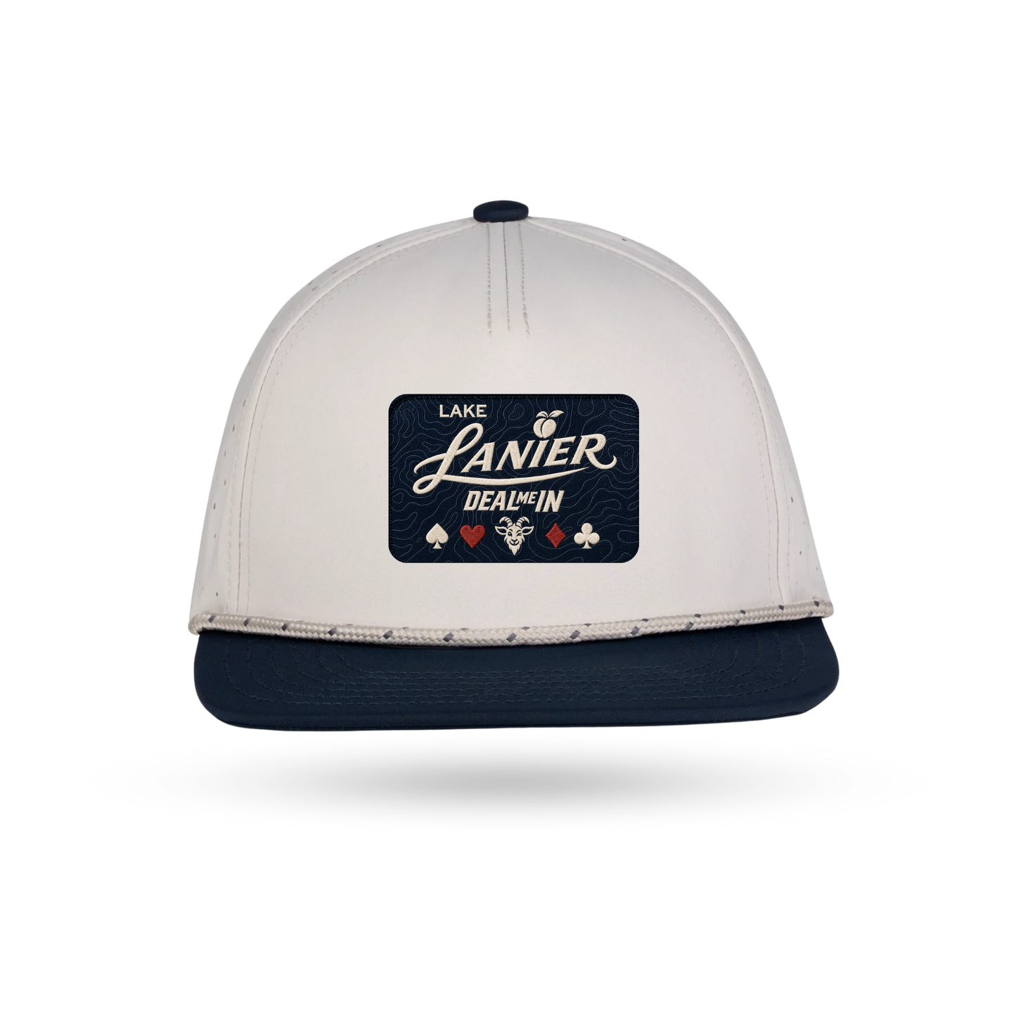 A two-tone snapback cap with an off-white crown and a navy blue flat brim. The front features a dark navy rectangular patch with the text LAKE LANIER "DEAL ME IN" and playing card symbols.