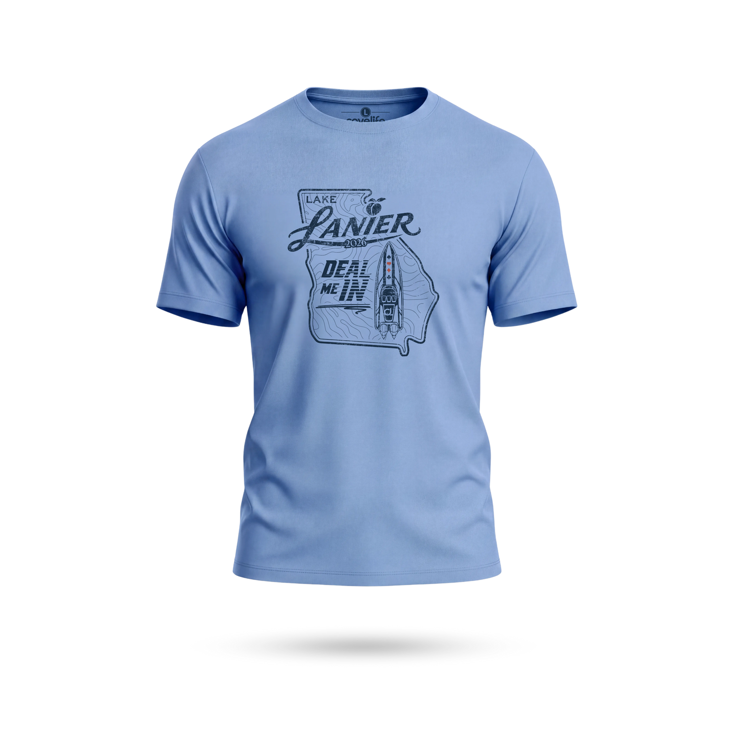 A columbia blue crewneck solartech UPF 50+ t-shirt with a dark blue graphic on the chest featuring the outline of the state of Georgia, the words 'LAKE LANIER', and 'DEAL ME IN'.