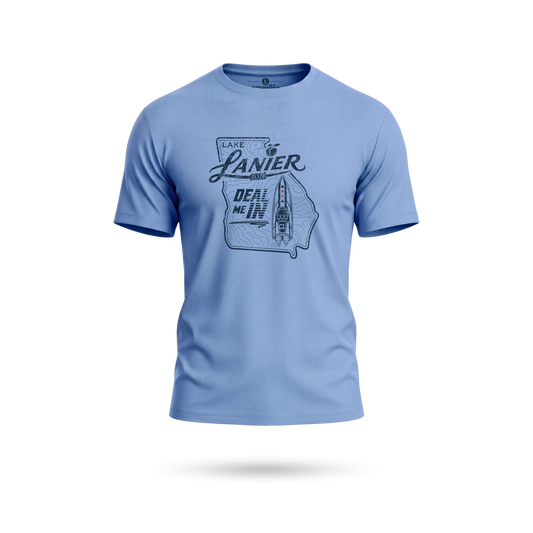 A columbia blue crewneck solartech UPF 50+ t-shirt with a dark blue graphic on the chest featuring the outline of the state of Georgia, the words 'LAKE LANIER', and 'DEAL ME IN'.