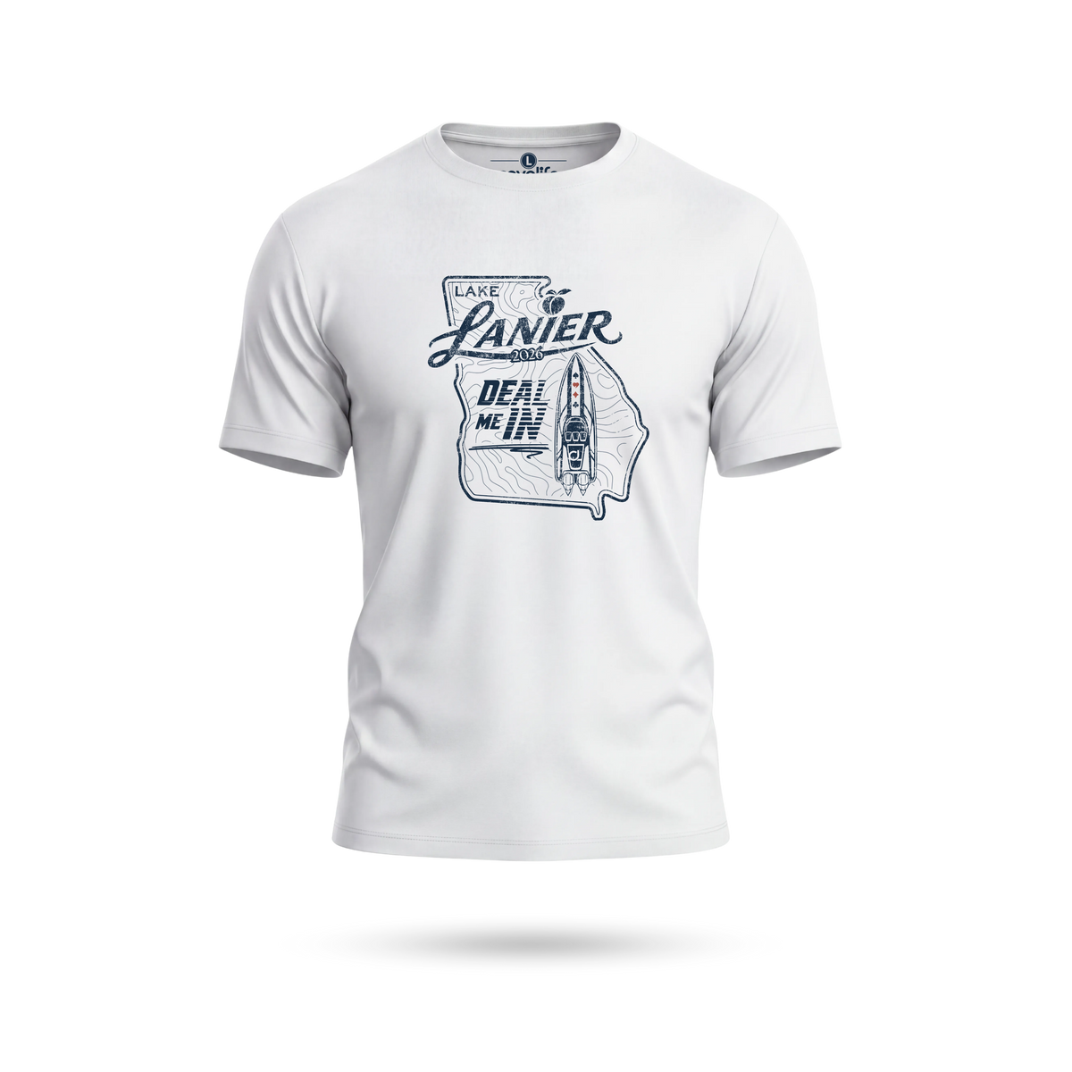 A white crewneck solartech UPF 50+ t-shirt with a dark blue graphic on the chest featuring the outline of the state of Georgia, the words 'LAKE LANIER', and 'DEAL ME IN'.