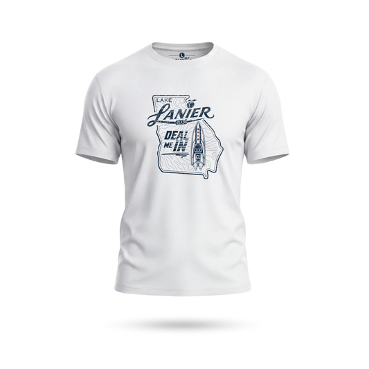 A white crewneck solartech UPF 50+ t-shirt with a dark blue graphic on the chest featuring the outline of the state of Georgia, the words 'LAKE LANIER', and 'DEAL ME IN'.