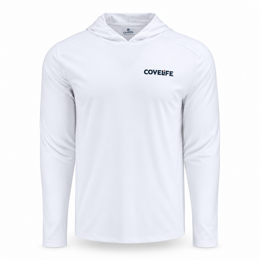 White SolarTech UPF 50+ Polyester Sun Hoodie with COVELiFE die sublimation print on left chest