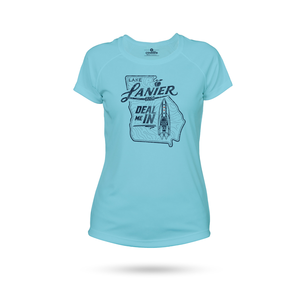 A light blue short-sleeve athletic solar tech UPF 50+ t-shirt with a dark blue graphic on the front featuring the text 'LAKE LANIER "DEAL ME IN" and a map outline of Georgia.