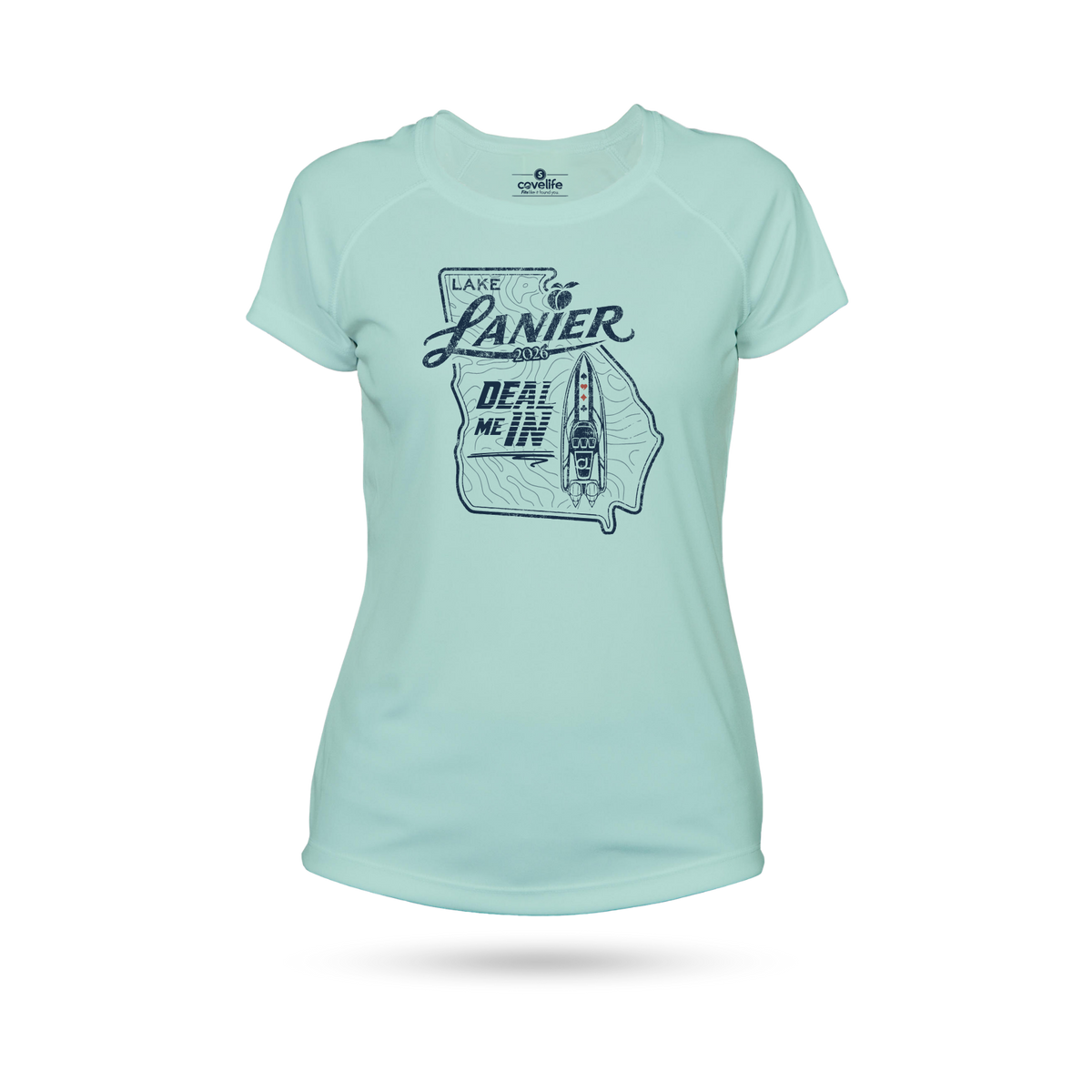 A seagrass color short-sleeve athletic solar tech UPF 50+ t-shirt with a dark blue graphic on the front featuring the text 'LAKE LANIER "DEAL ME IN" and a map outline of Georgia.