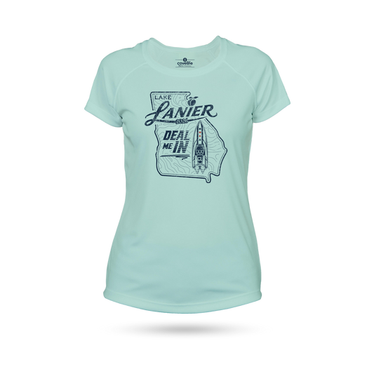 A seagrass color short-sleeve athletic solar tech UPF 50+ t-shirt with a dark blue graphic on the front featuring the text 'LAKE LANIER "DEAL ME IN" and a map outline of Georgia.