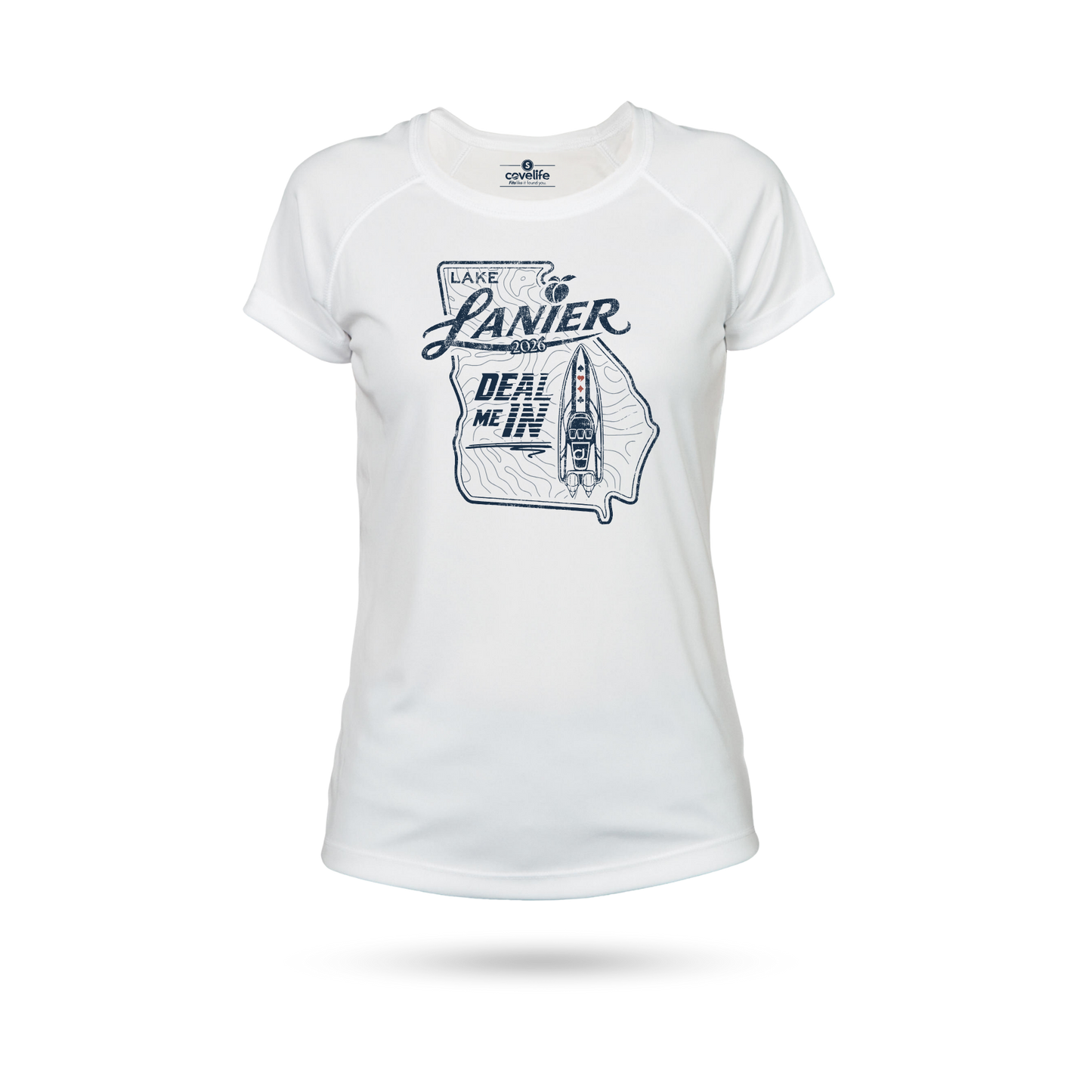 A white short-sleeve athletic solar tech UPF 50+ t-shirt with a dark blue graphic on the front featuring the text 'LAKE LANIER "DEAL ME IN" and a map outline of Georgia.