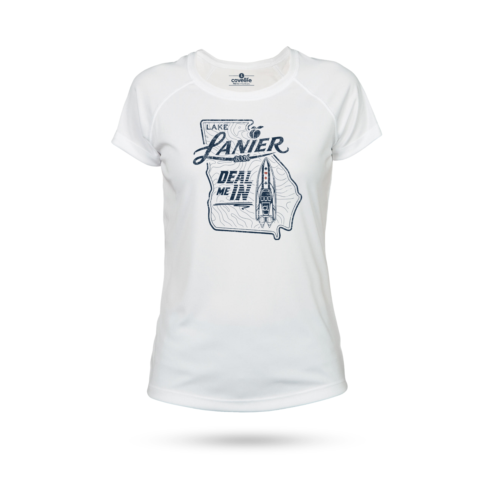 A white short-sleeve athletic solar tech UPF 50+ t-shirt with a dark blue graphic on the front featuring the text 'LAKE LANIER "DEAL ME IN" and a map outline of Georgia.