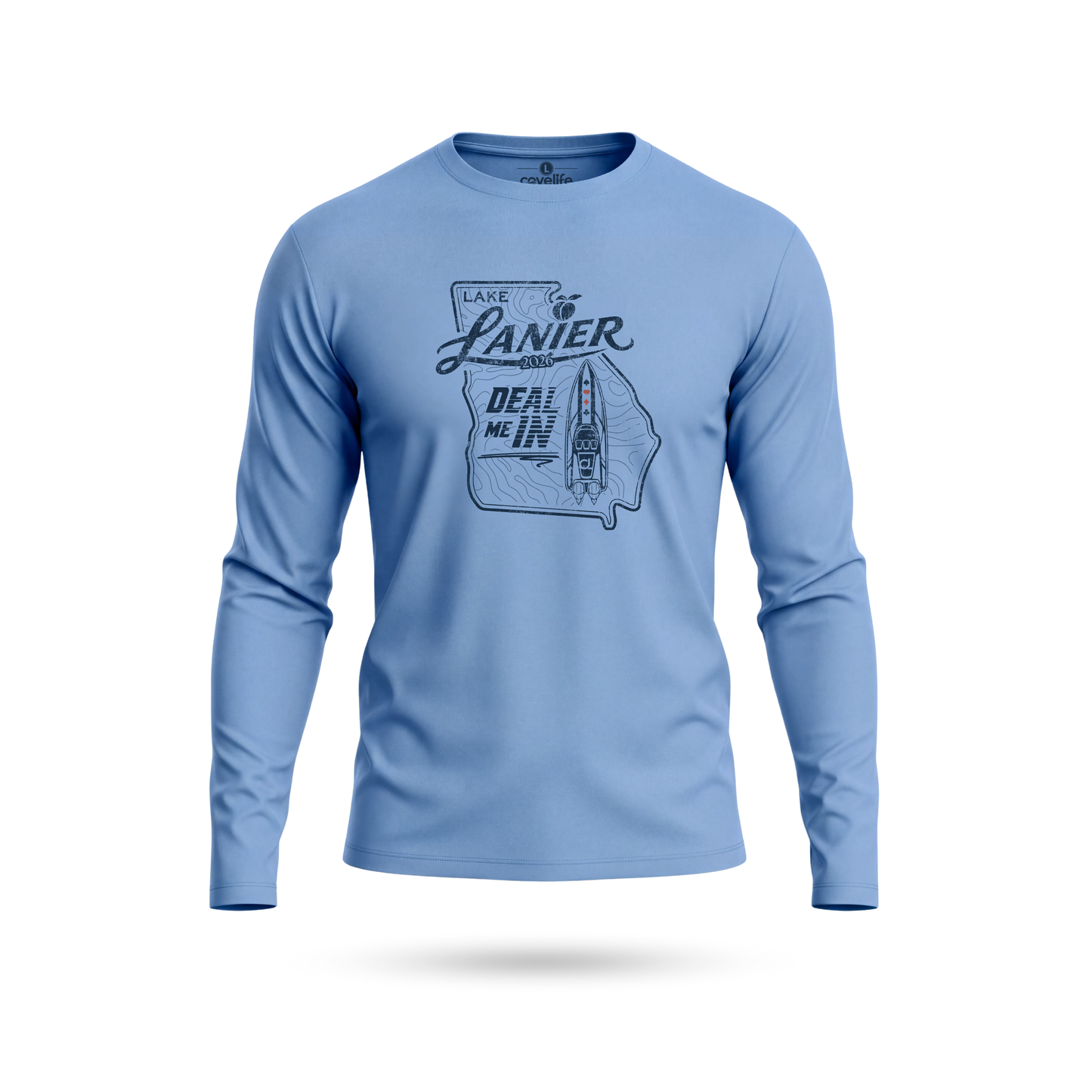 Columbia Blue UPF 50+ SUN PROTECTION LS Tee with Lanier "DEAL ME IN" Graphic on front