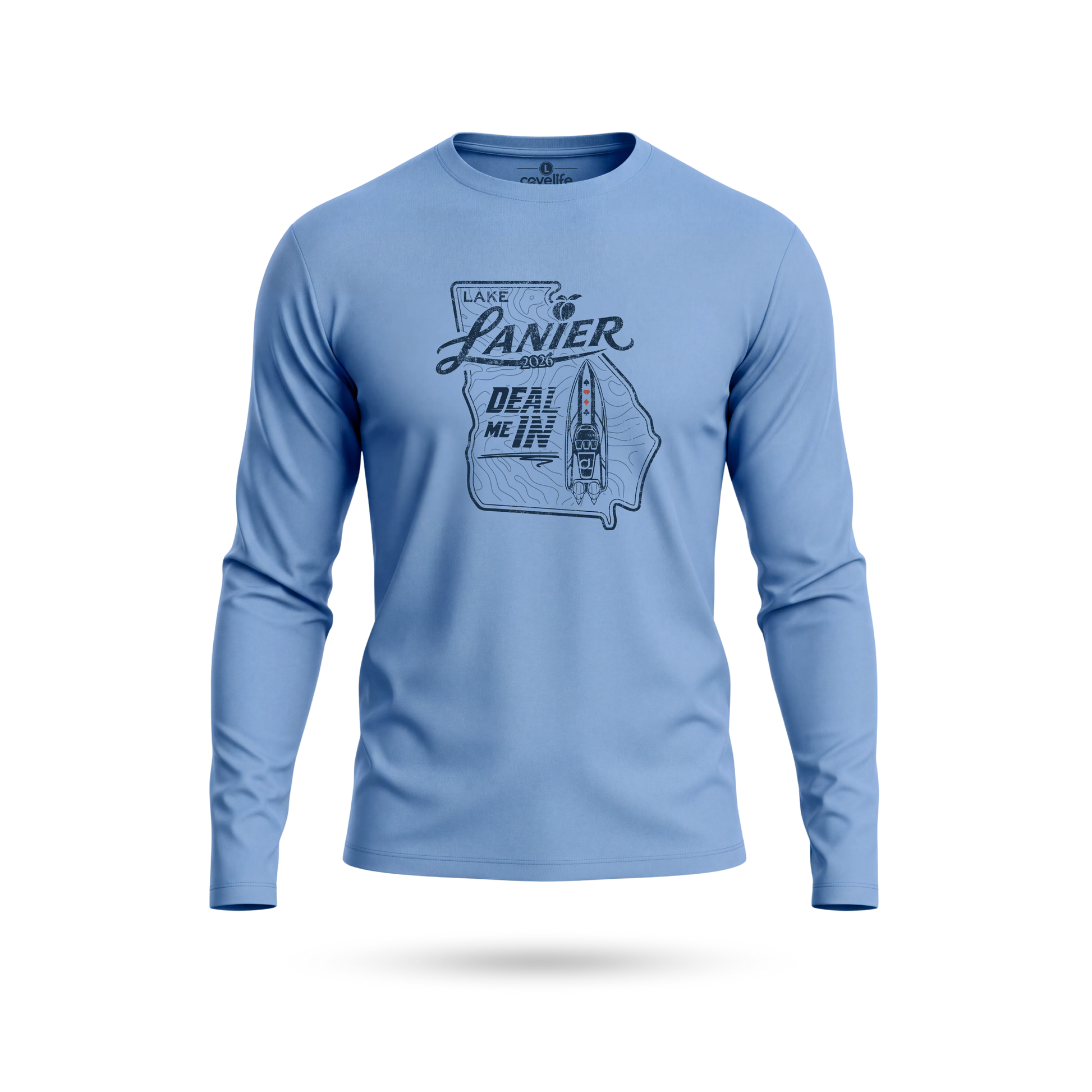 Columbia Blue UPF 50+ SUN PROTECTION LS Tee with Lanier "DEAL ME IN" Graphic on front