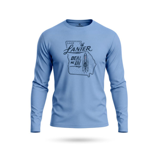 Columbia Blue UPF 50+ SUN PROTECTION LS Tee with Lanier "DEAL ME IN" Graphic on front