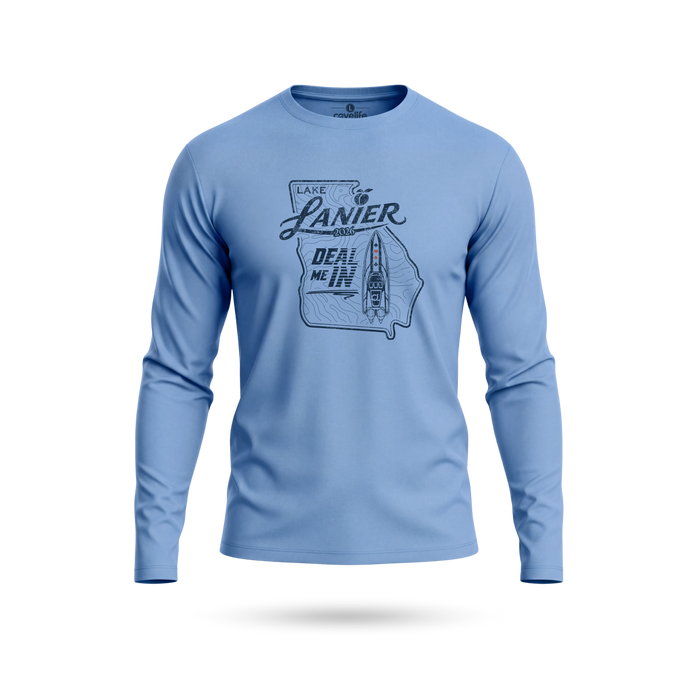 Columbia Blue UPF 50+ SUN PROTECTION LS Tee with Lanier "DEAL ME IN" Graphic on front
