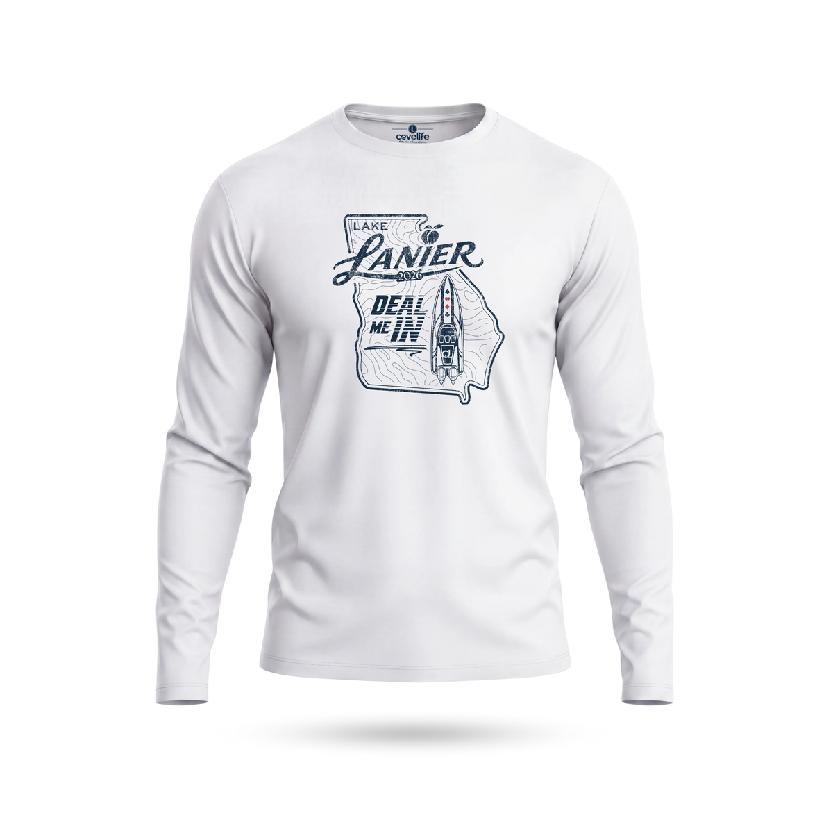 White UPF 50+ SUN PROTECTION LS Tee with Lanier "DEAL ME IN" Graphic on front