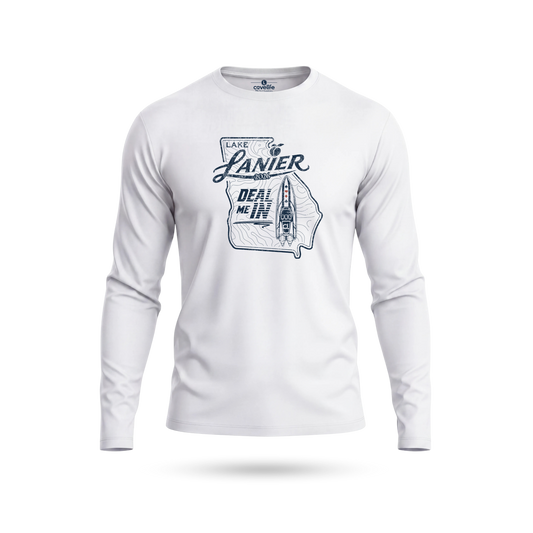 White UPF 50+ SUN PROTECTION LS Tee with Lanier "DEAL ME IN" Graphic on front